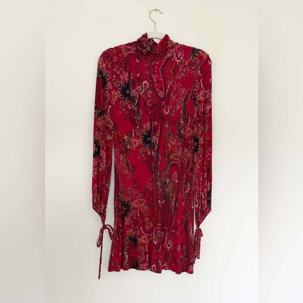 Free People Red Tie Front Sheath Dress with Bishop Sleeves